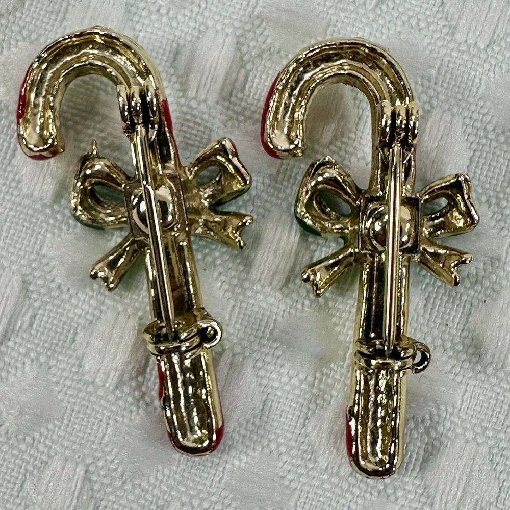 Christmas Holiday Brooch Pin Set Poinsettia Candy Cane Tree‎ Rhinestone Festive
